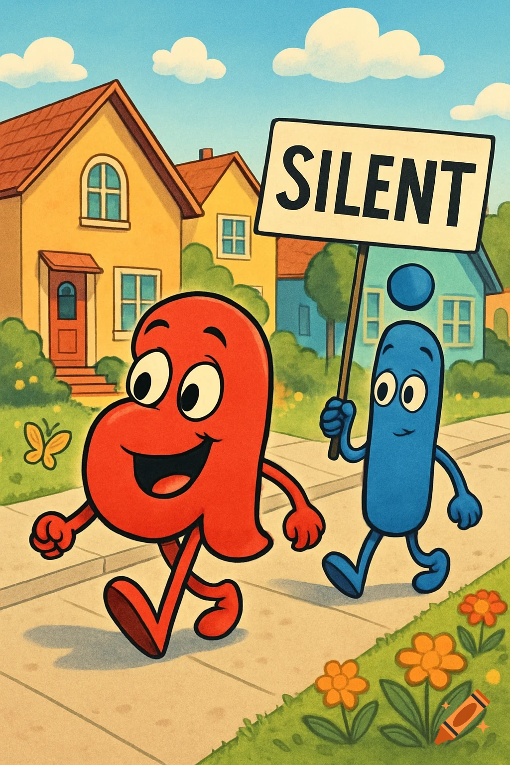 A happy red cartoon letter 'a' walks on a sidewalk next to a blue cartoon letter 'i' holding a "SILENT" sign. Houses and clouds are in the background.