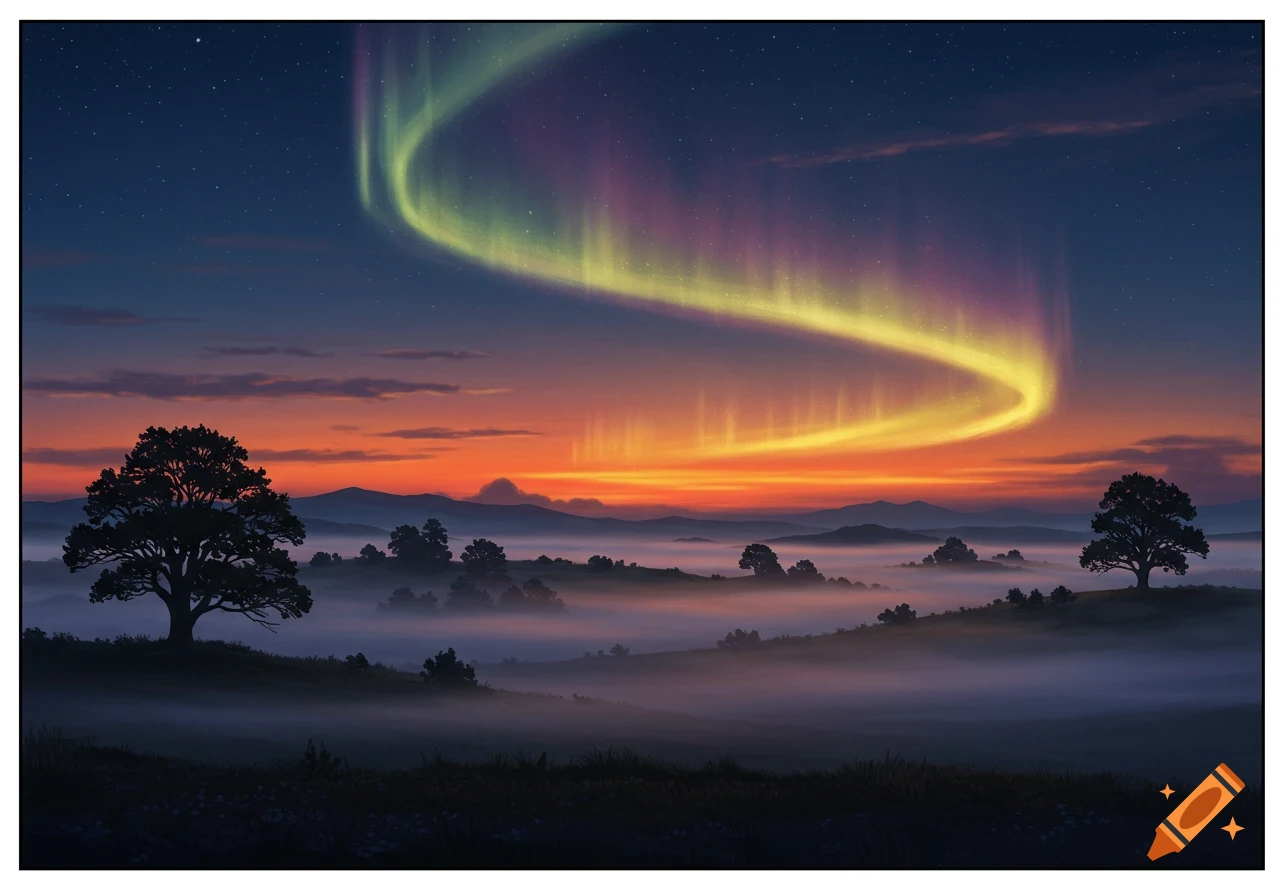 Vibrant aurora borealis streaks across a twilight landscape with silhouetted trees, a misty valley, and distant mountains.
