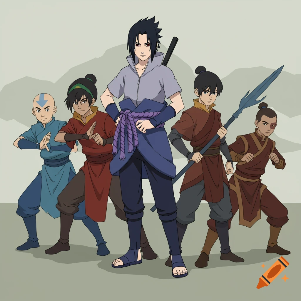Sasuke Uchiha stands among Aang, Toph, Sokka, and Zuko from Avatar: The Last Airbender in an anime style.