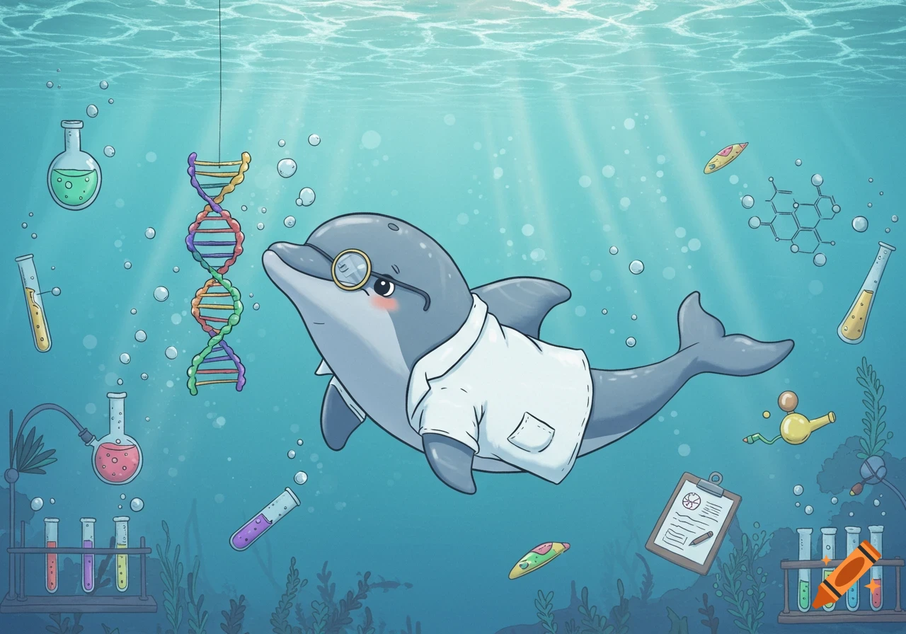 A cute cartoon dolphin wearing a lab coat and glasses, studying genetics underwater surrounded by beakers, test tubes, and a DNA strand.