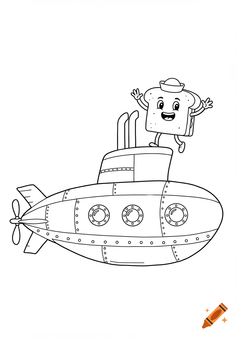 A black-and-white line art of a happy toast character in a sailor hat jumping from a submarine's conning tower.