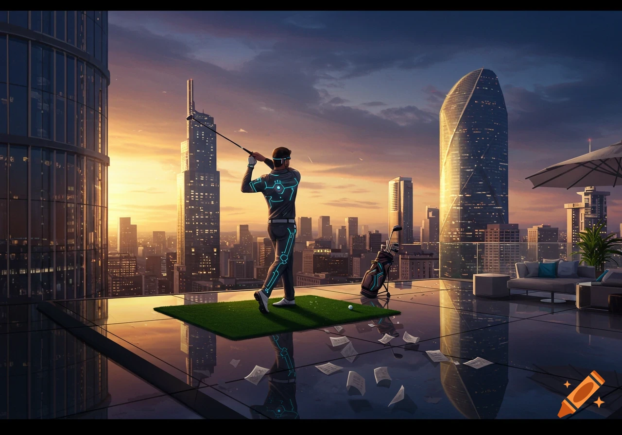 A man in a futuristic suit plays golf on a skyscraper rooftop at sunset, overlooking a city skyline.