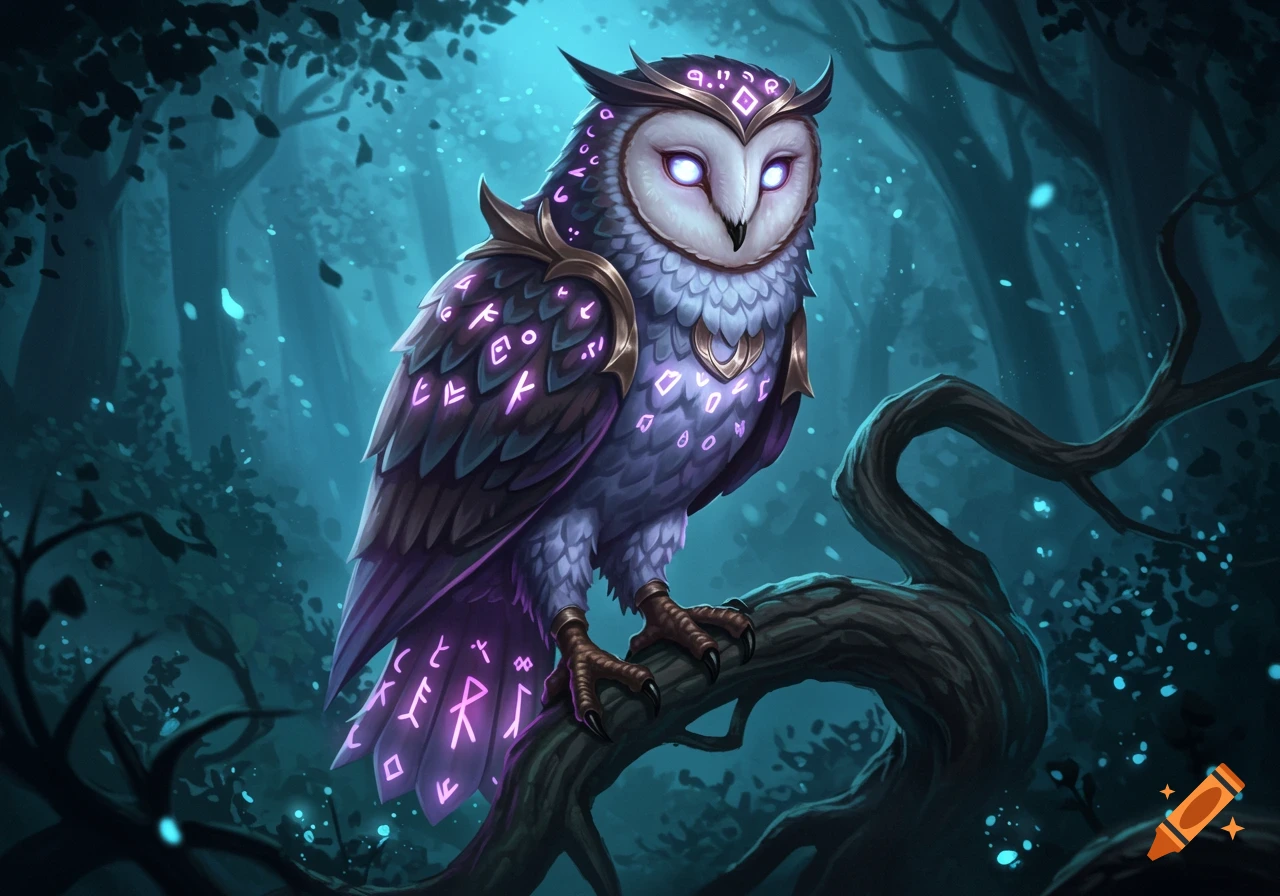 A majestic fantasy owl with glowing purple runes and bright eyes perches on a branch in a mystical, dark blue forest.
