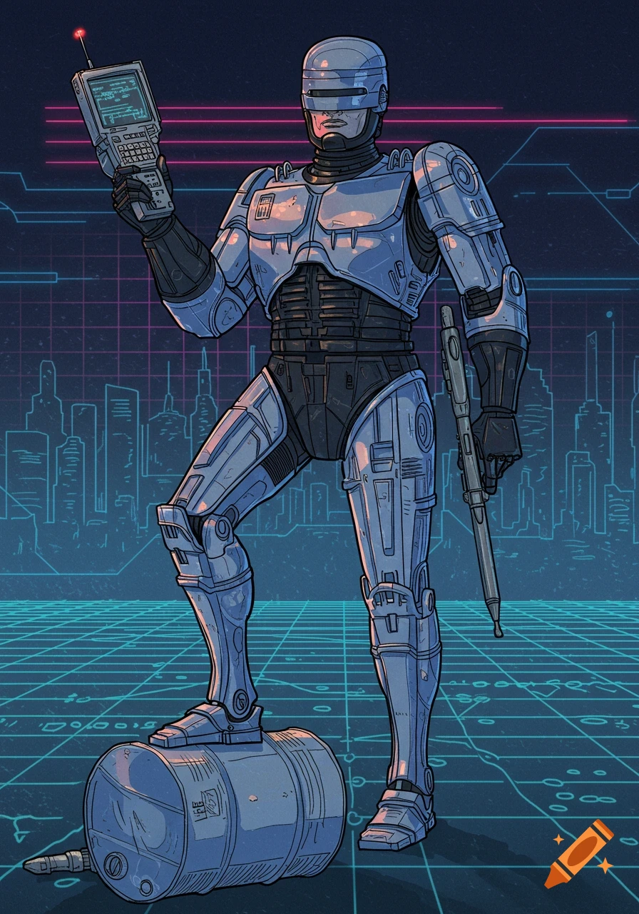 An illustration of Robocop in a 1980s-inspired wireframe setting, holding a handheld terminal and a bar code wand, with one foot on a steel drum.