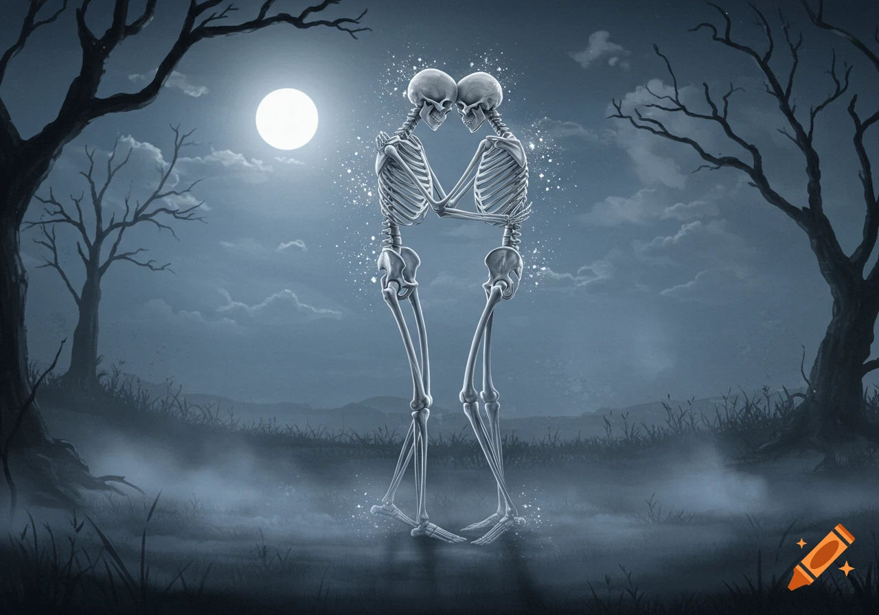 Two skeletal figures embrace under a bright full moon in a dark, misty forest scene with glowing dust.