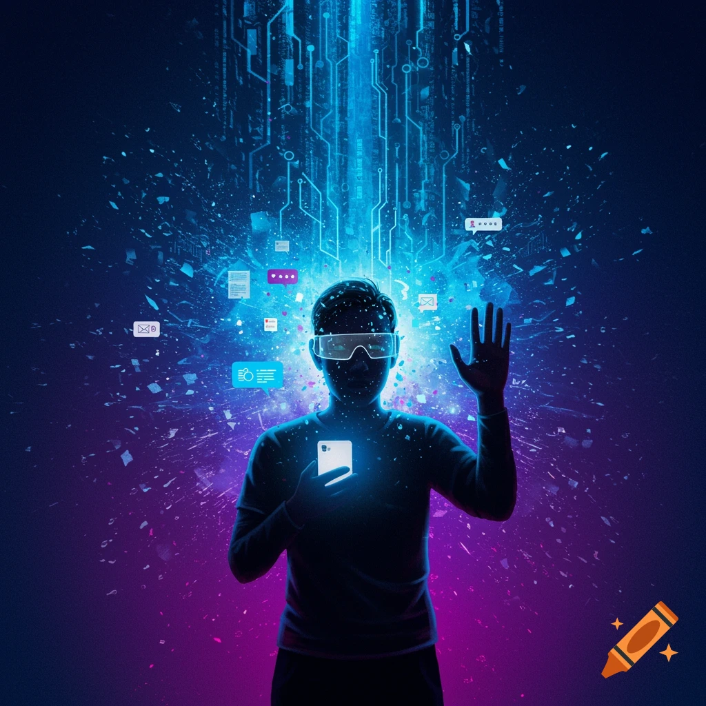 Silhouette in smart glasses holding a glowing phone, amidst blue digital data streams and floating icons on a purple-blue background.