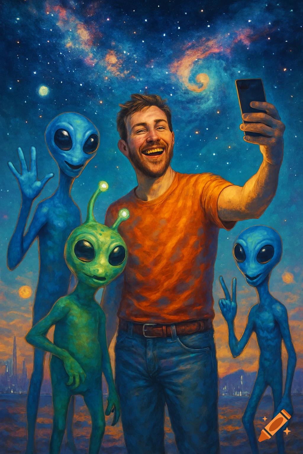 A man smiles broadly, taking a selfie with three friendly aliens against a vibrant cosmic background.