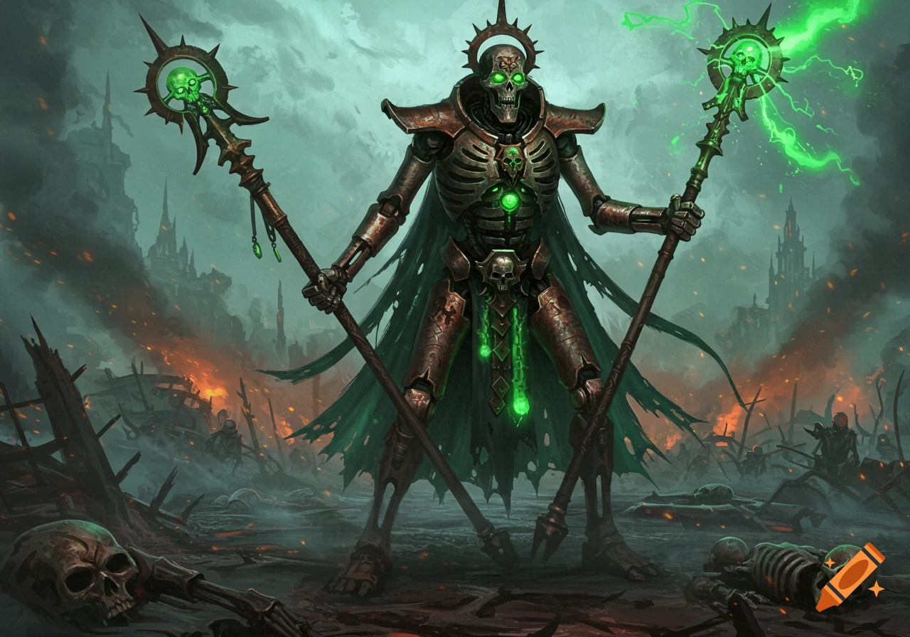 A skeletal Necron warrior with glowing green eyes and staff stands in a ruined, burning battlefield under a green sky.