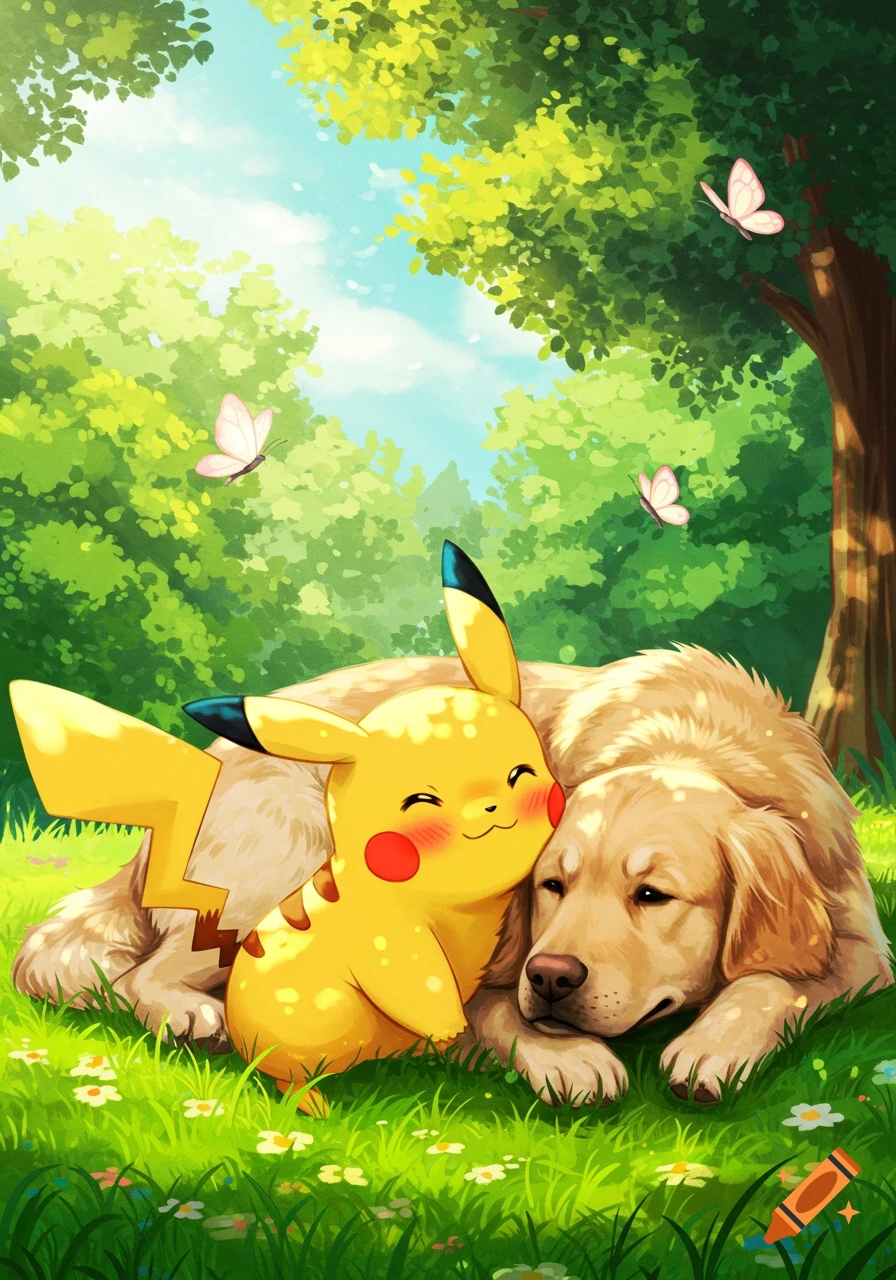 Pikachu snuggles happily with a sleeping Golden Retriever in a sunny, green field with butterflies.