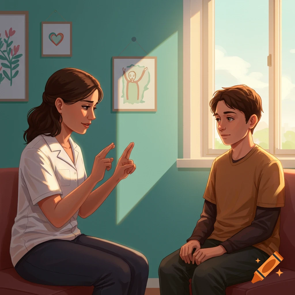 An illustration of a woman using sign language to communicate with a boy in a brightly lit room.