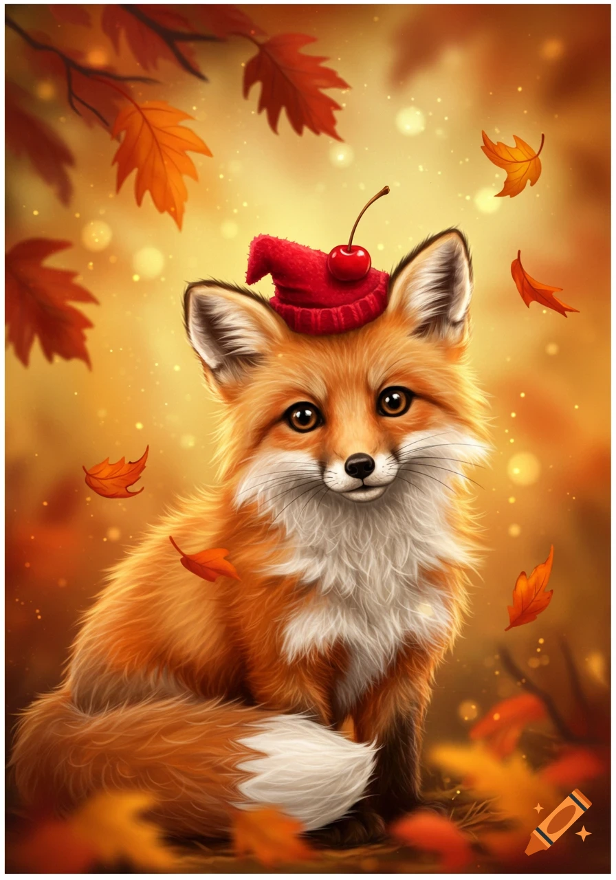 A cute orange fox wearing a red knit hat with a cherry on top, surrounded by falling autumn leaves.