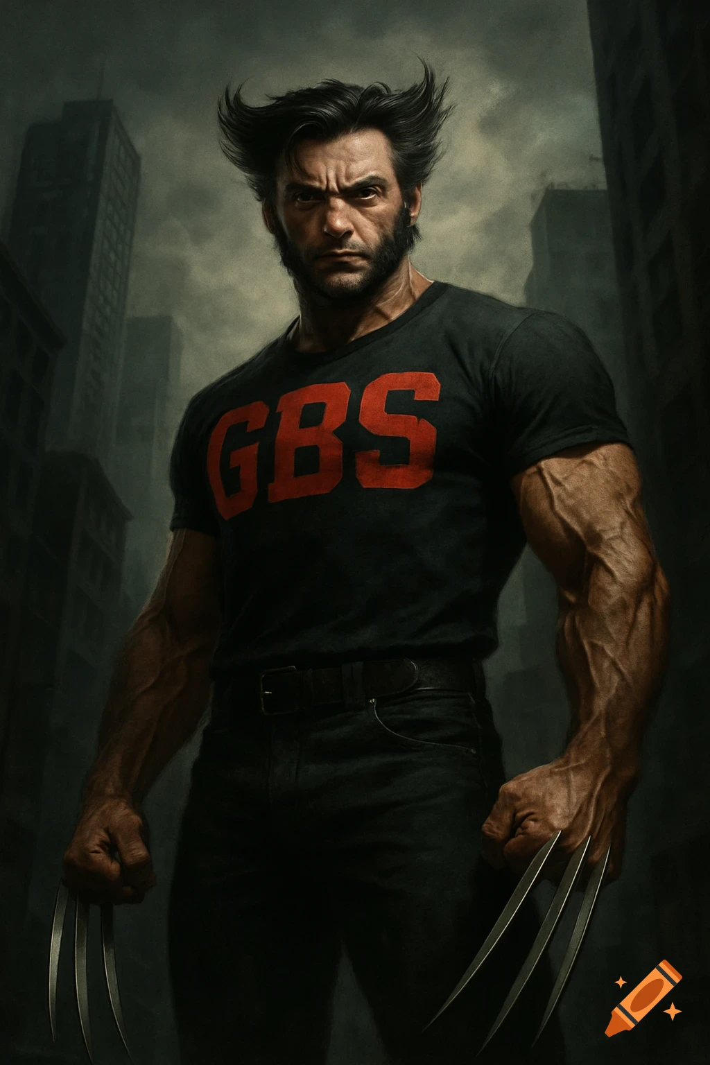A photorealistic painting of Wolverine in a black 'GBS' shirt, with claws extended, standing menacingly in a dark city.
