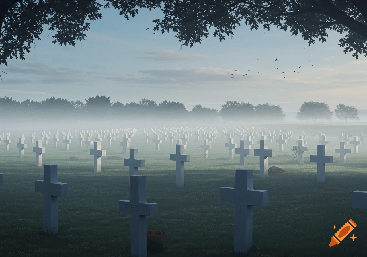 Rows of white crosses in a misty war cemetery at dawn, with trees and birds visible against a pale sky.