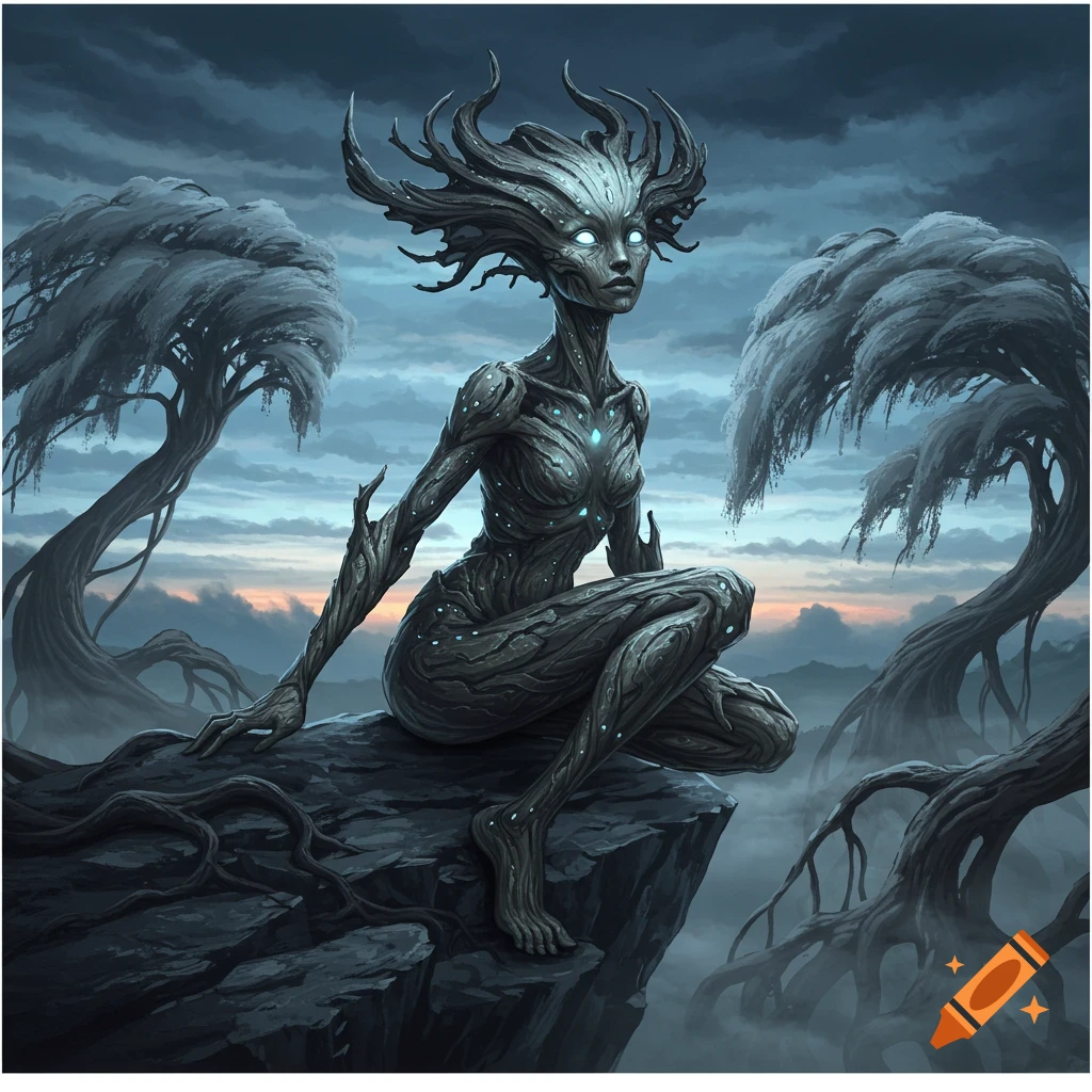 A dark fantasy illustration of a tree spirit with glowing eyes sitting on a cliff at twilight, surrounded by gnarled trees.