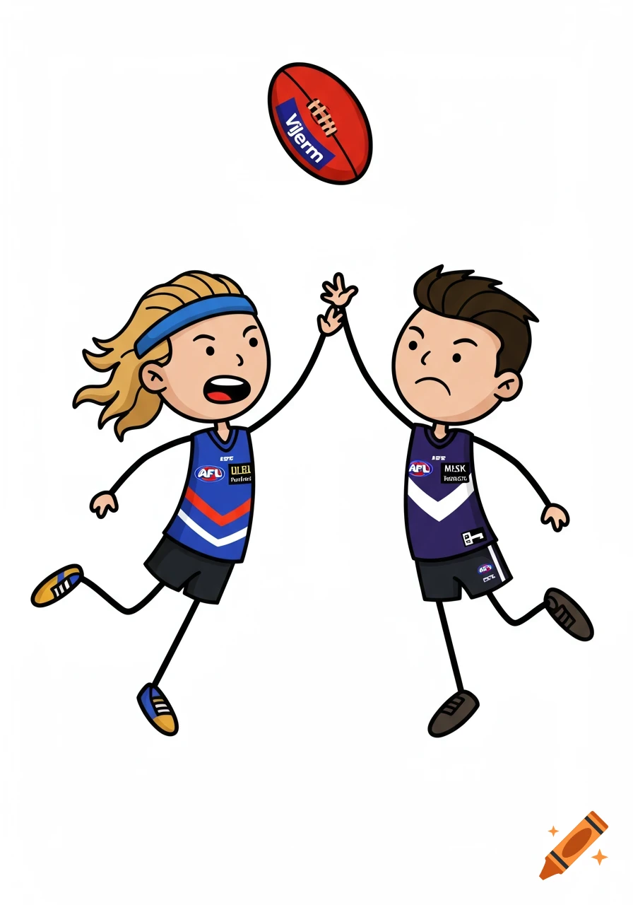 Two cartoon boys in AFL jerseys jump for a football. One has blonde hair and a blue headband, the other has dark brown hair.