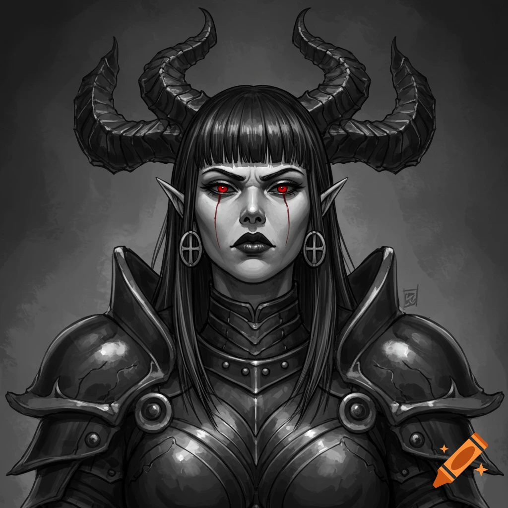 A monochrome dark fantasy illustration of a female warrior with large horns, red eyes with red streaks, and dark, detailed armor, depicted with an intense expression.