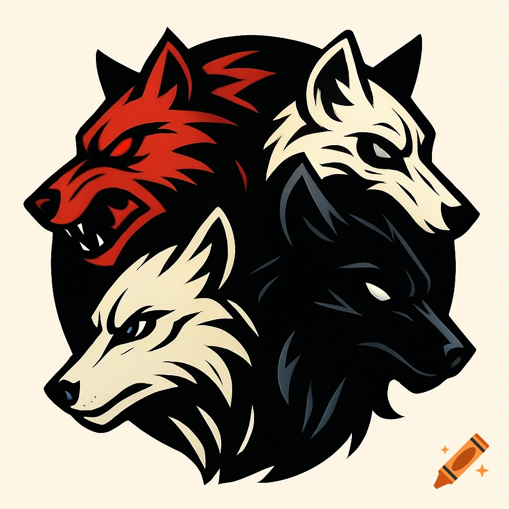 A stylized logo featuring four intertwined wolf heads in red, black, and white, arranged in a circular design.