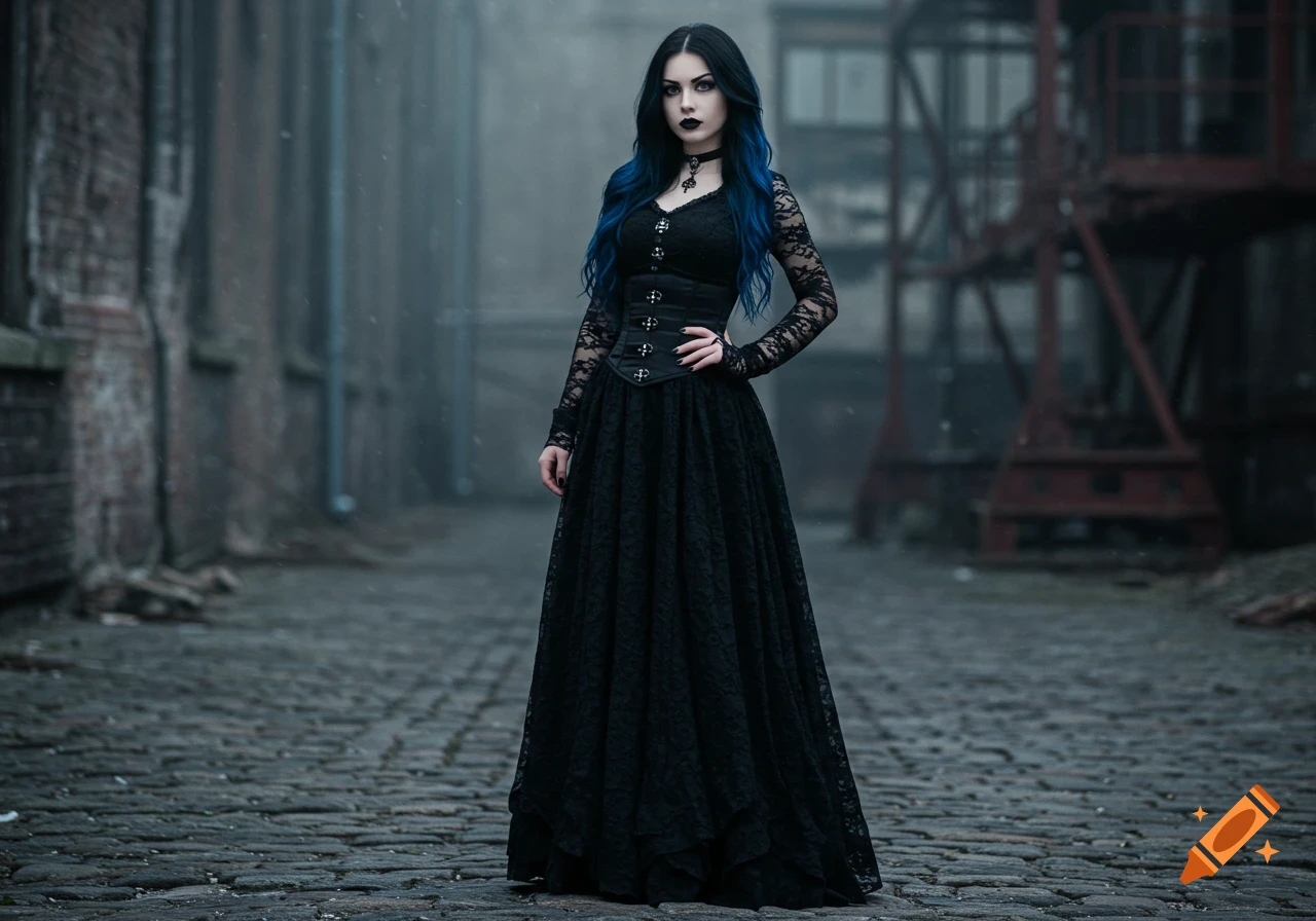 A photorealistic image of a goth woman in a long black dress with black and blue hair, standing on a cobblestone street.