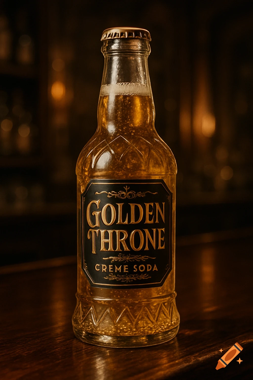 A photorealistic bottle of Golden Throne Creme Soda on a dark wooden counter.