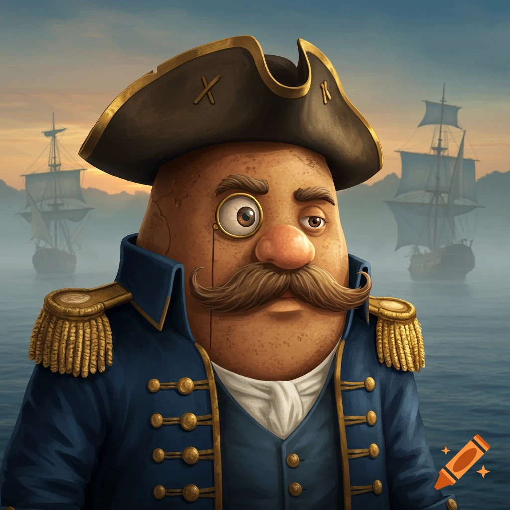 A cartoonish potato man dressed as a pirate or naval officer, wearing a blue uniform and a tricorne hat, with a mustache and monocle. Sailing ships are in the misty background.