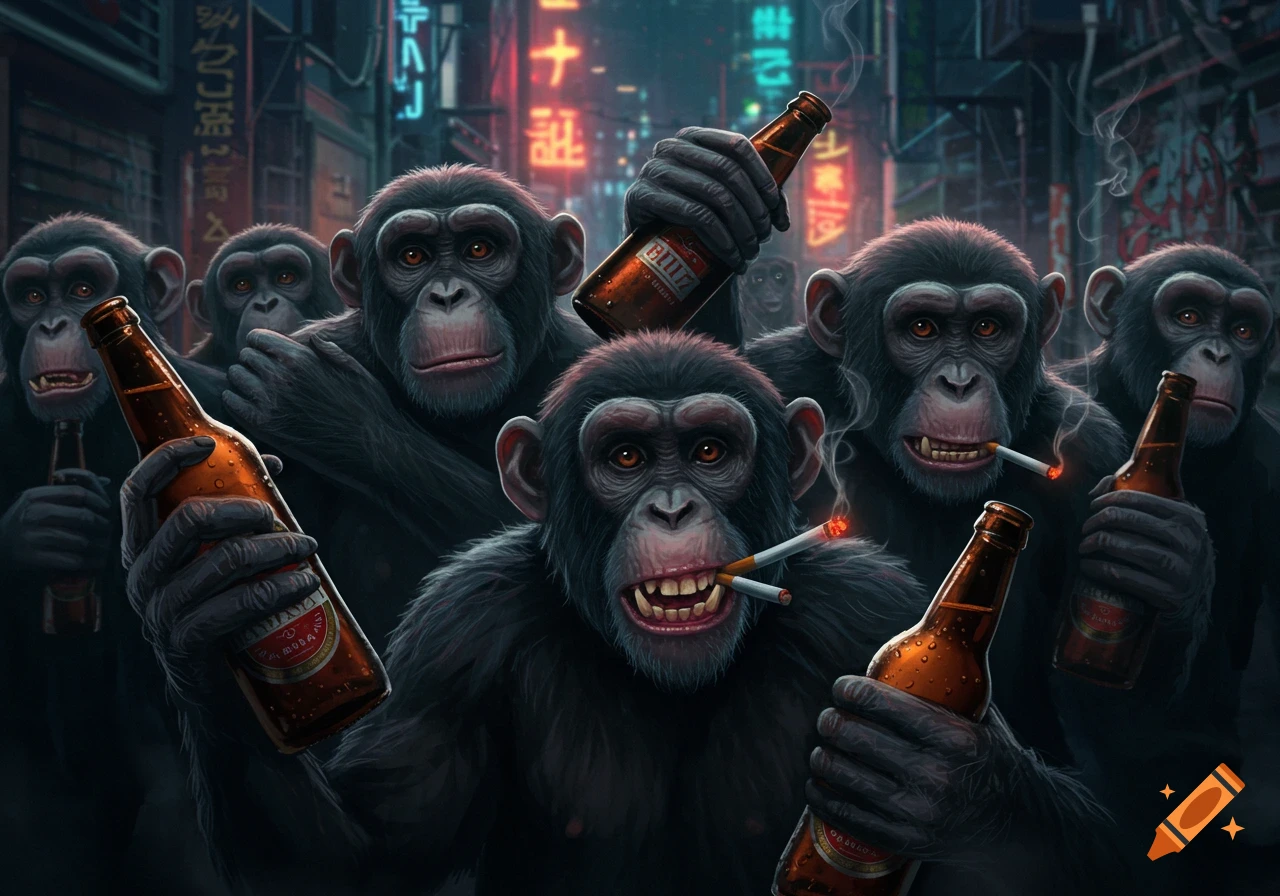 A group of chimpanzees in a dark, neon-lit urban alley, holding beer bottles and cigarettes.