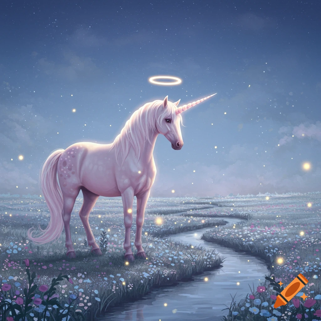 A pink unicorn with a glowing halo stands in a field of colorful wildflowers next to a stream under a starry, twilight sky with floating lights.