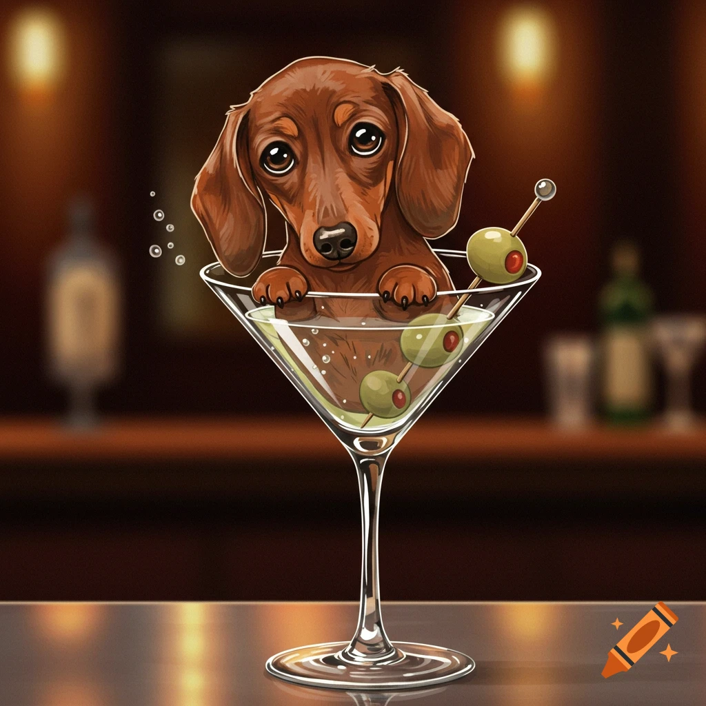Cartoon illustration of a cute dachshund puppy peeking out of a martini glass with green olives, on a bar counter.
