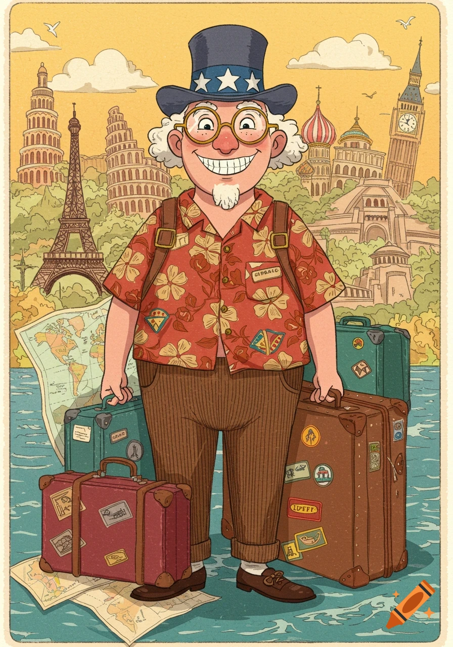 A cartoon Uncle Sam-like character with a stars-and-stripes hat, glasses, and a Hawaiian shirt, holding suitcases, stands in front of various world landmarks.