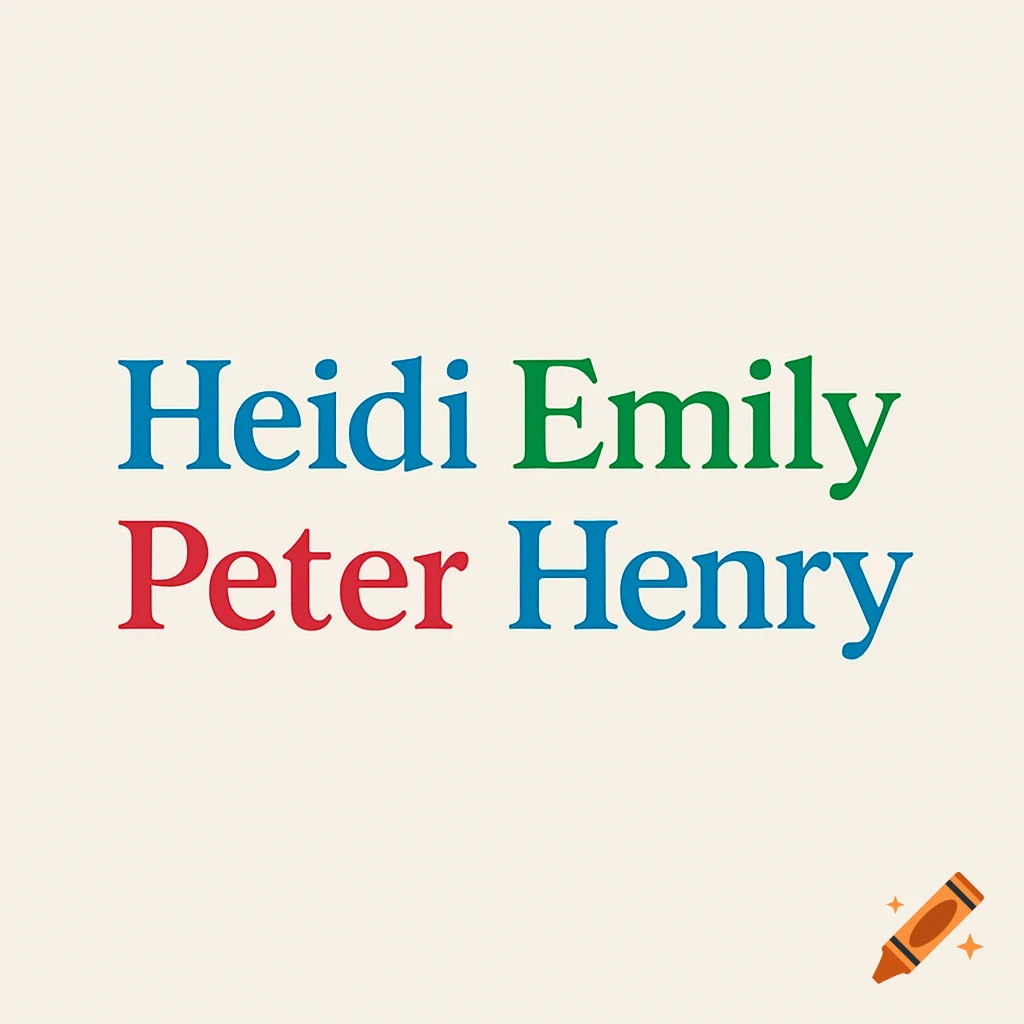 The name Heidi in blue text next to Emily in green text, above Peter in red text next to Henry in blue text, on a cream background.