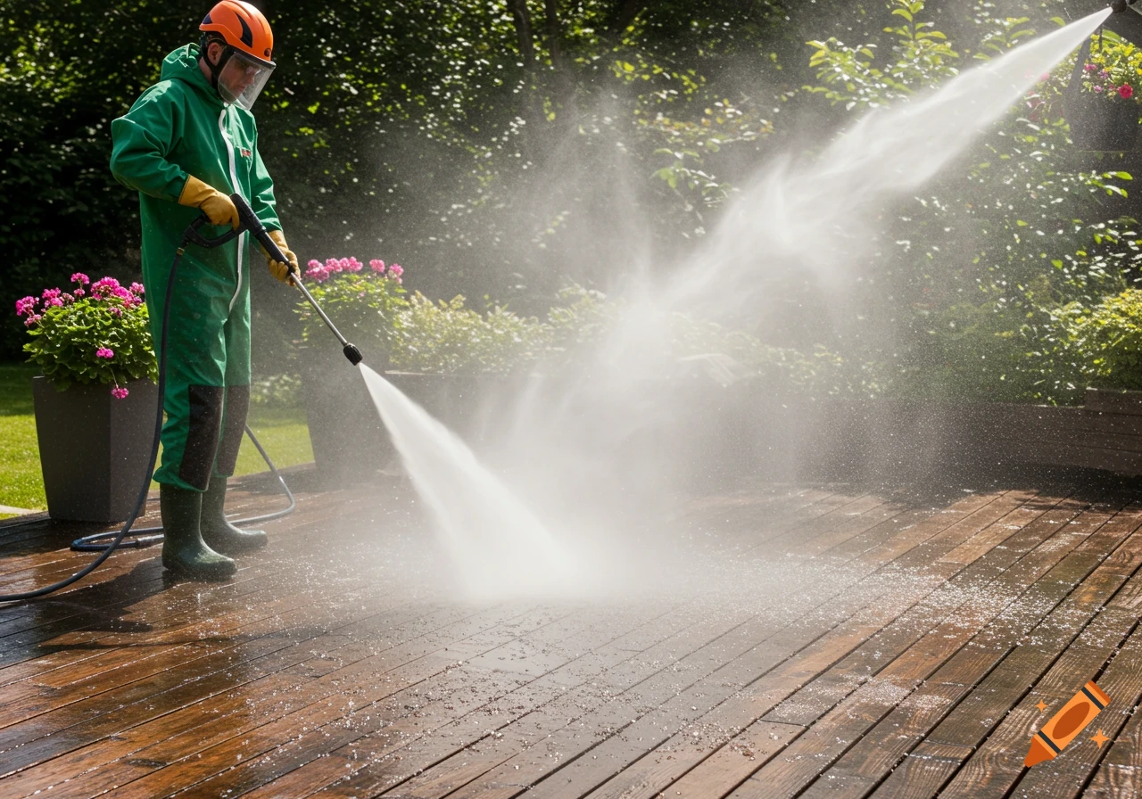 A person in a green suit and orange helmet pressure washing a wooden deck outdoors, with water spray visible.
