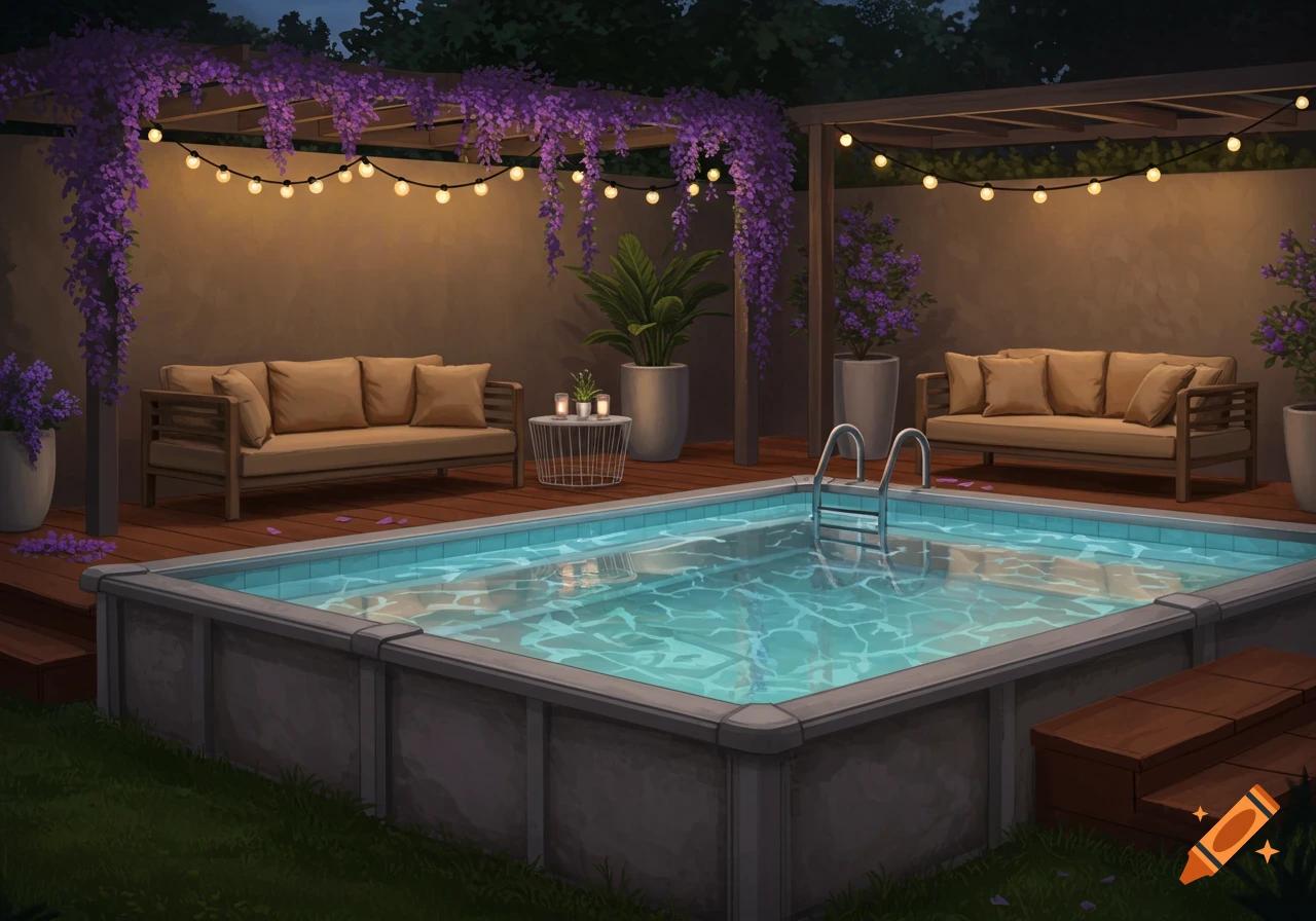 A peaceful backyard at dusk with an above-ground pool, patio furniture, purple wisteria, and string lights.