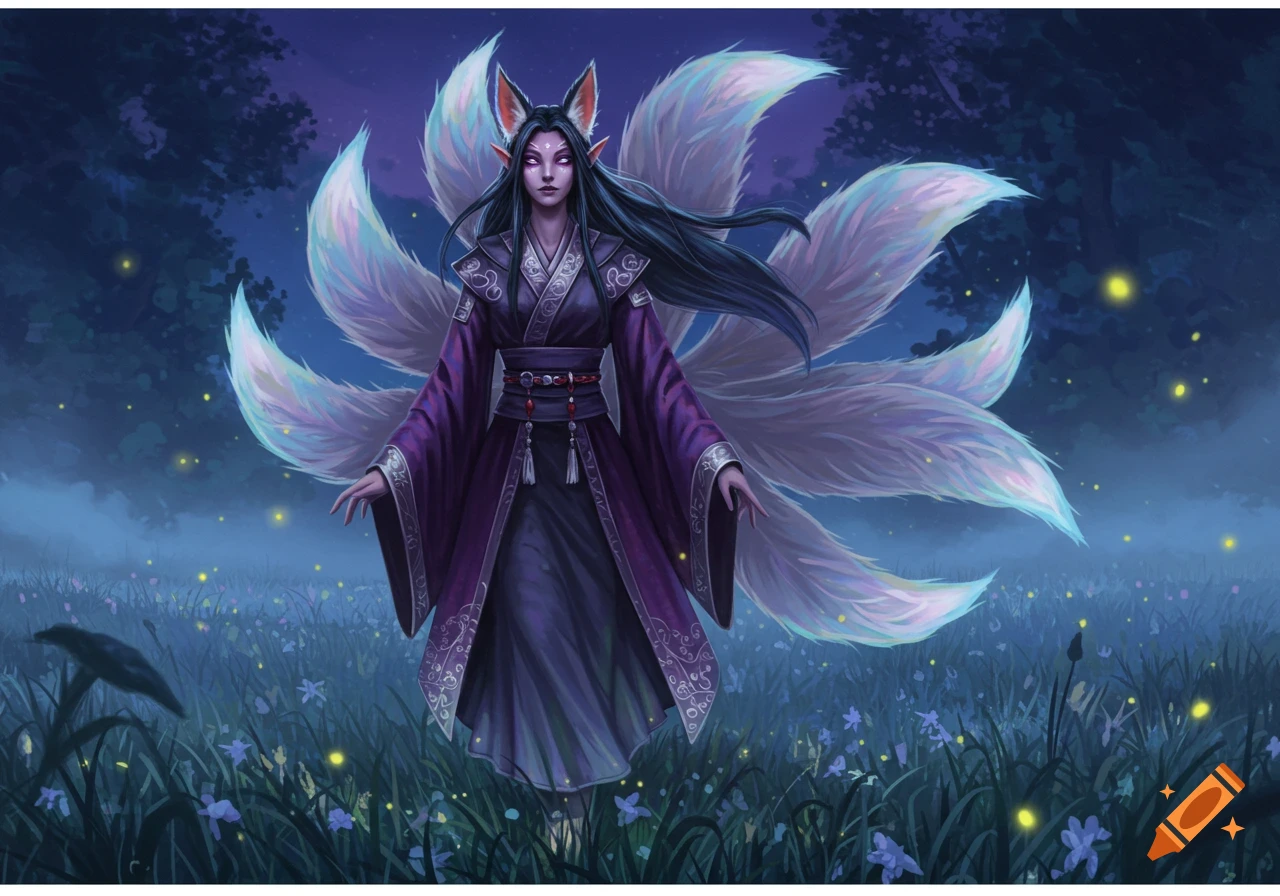 A purple-clad human kitsune with many white tails and fox ears stands in a dark, glowing forest at night, digital painting.