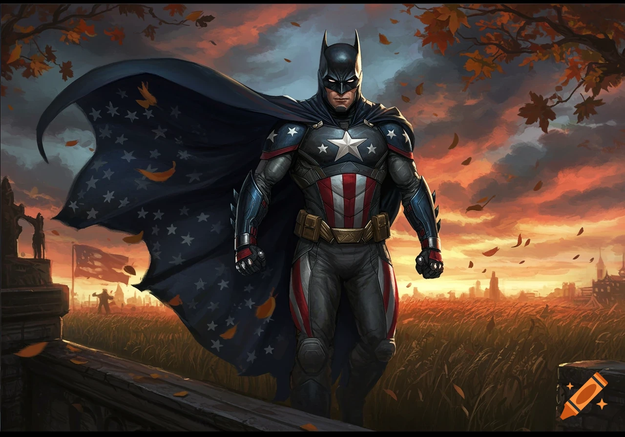 An amalgamation of Batman and Captain America, wearing a star-spangled cape, stands in a field at sunset.