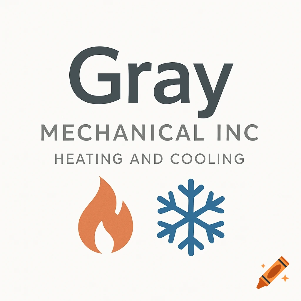 A logo for Gray Mechanical Inc Heating and Cooling, featuring the company name in dark gray text with a orange flame icon and a blue snowflake icon below it.