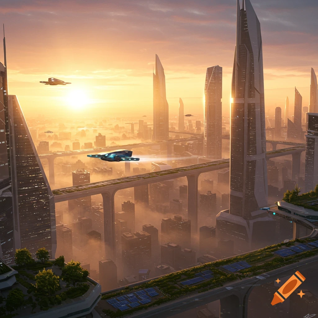 A vibrant futuristic cityscape with towering skyscrapers and flying vehicles illuminated by a golden sunrise.