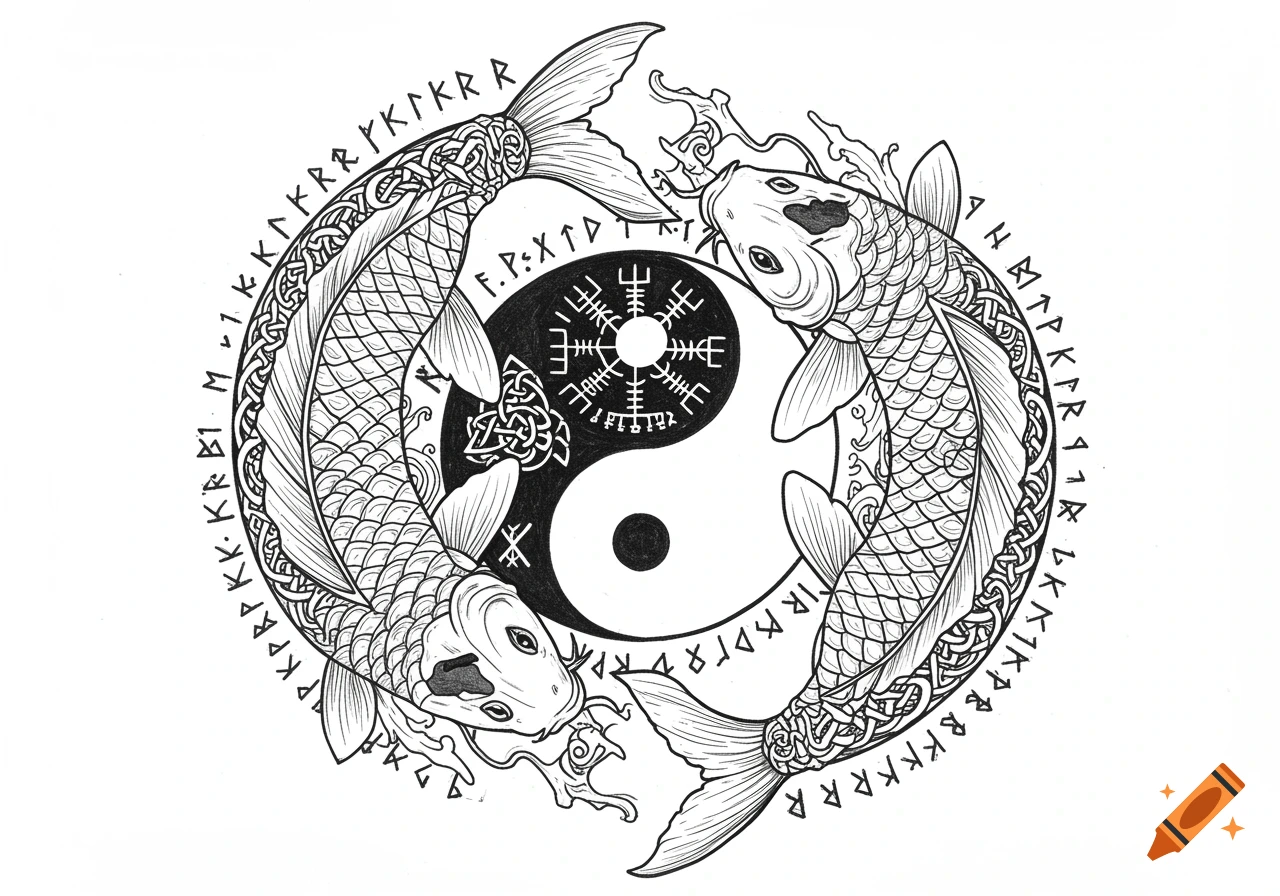 Black and white line art tattoo design featuring two ornate koi fish circling a yin-yang symbol, surrounded by Norse runes.