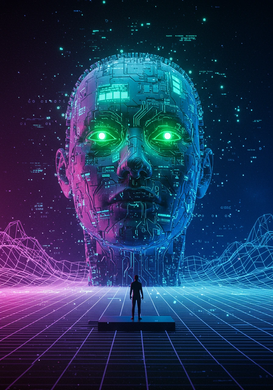 A colossal, glowing AI face made of circuits looms over a tiny human figure in a vast, neon-lit digital void.