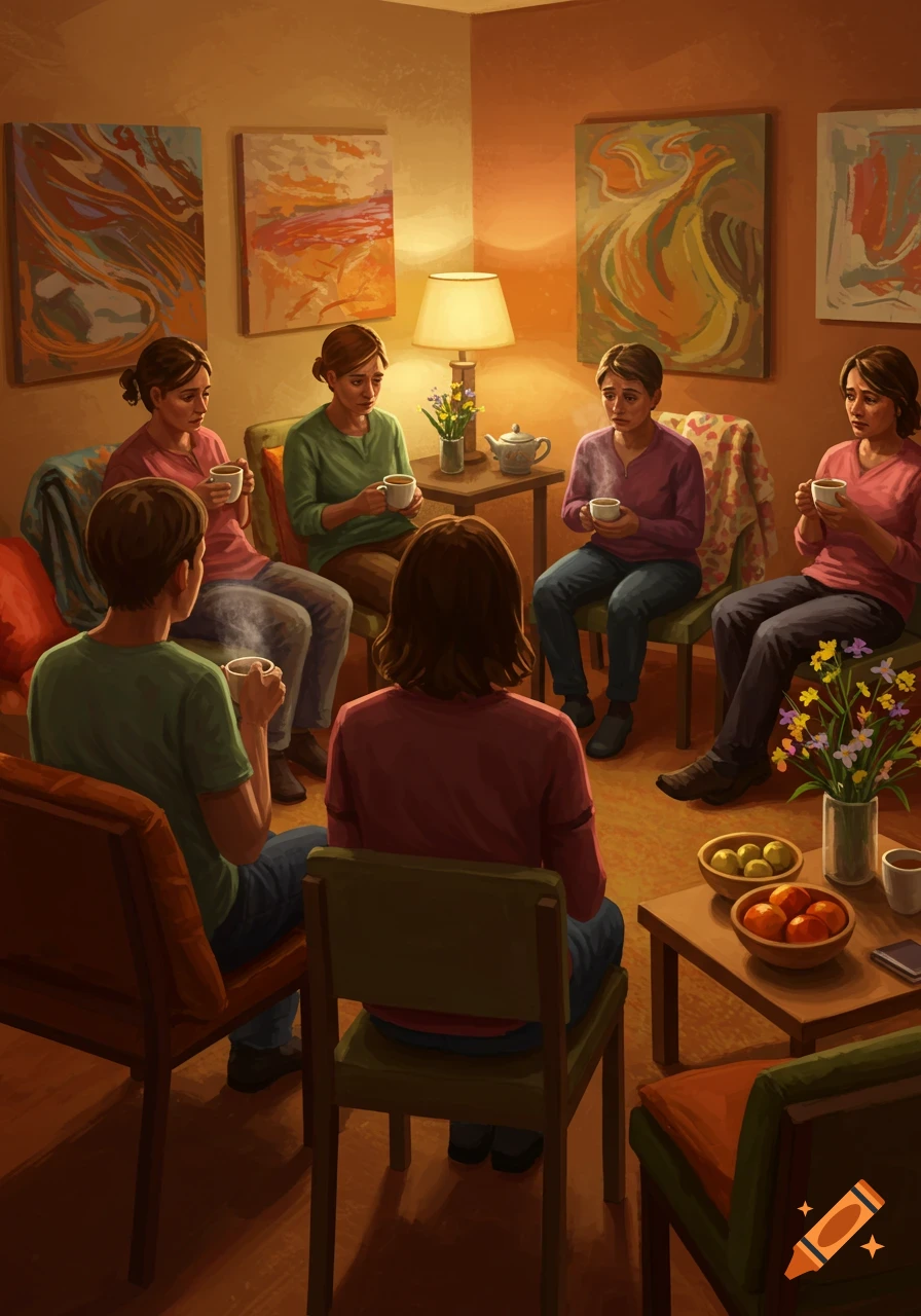 An illustrated scene of a group of people sitting in a circle in a warm room, drinking tea, appearing to be in a support group meeting.