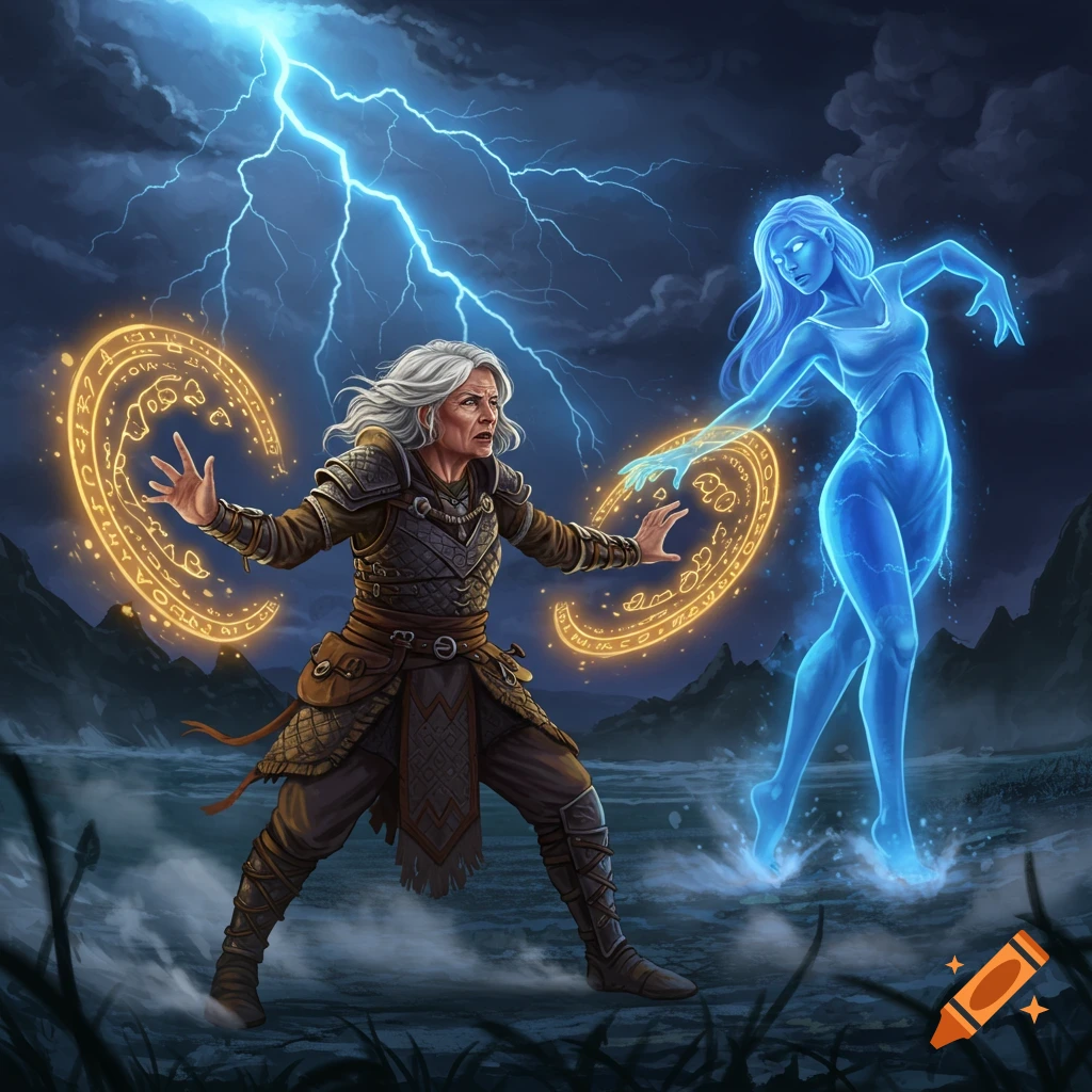 A fantasy illustration of a sorceress with glowing runes conjuring a glowing blue spirit against a stormy sky.
