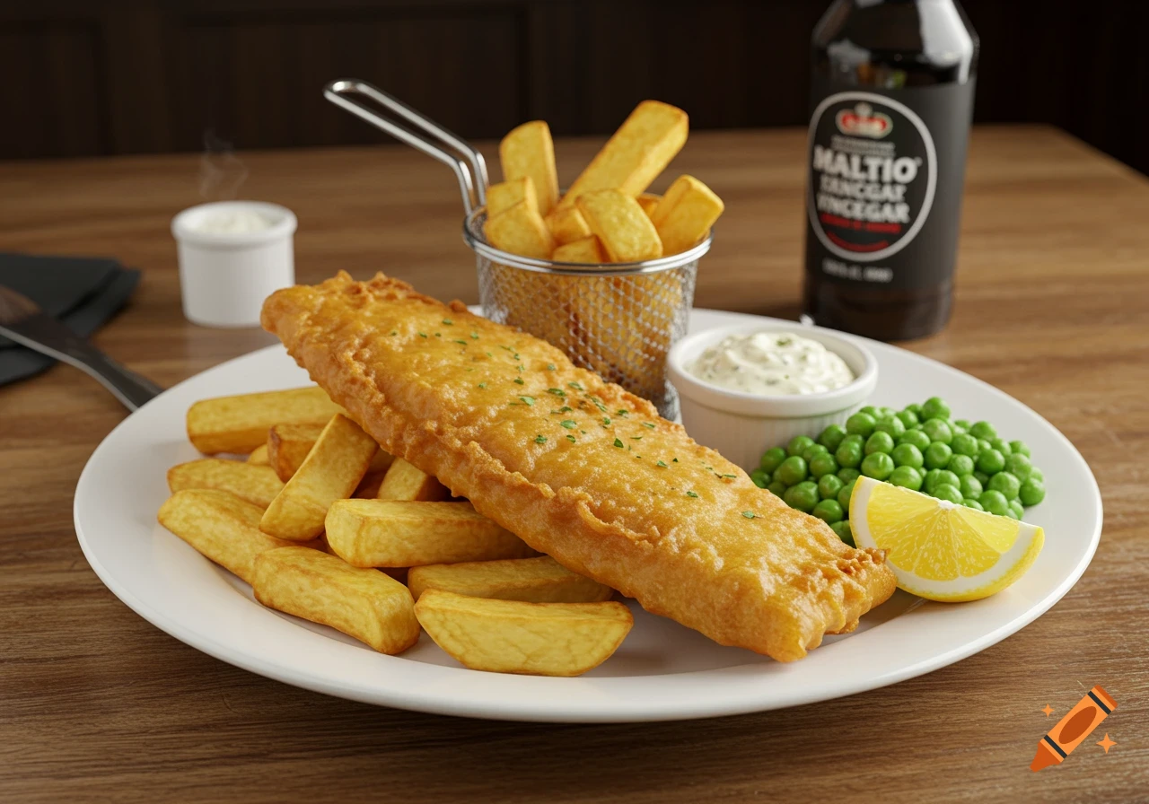Photorealistic fish and chips served on a white plate with peas, tartar sauce, a lemon wedge, and a bottle of vinegar.
