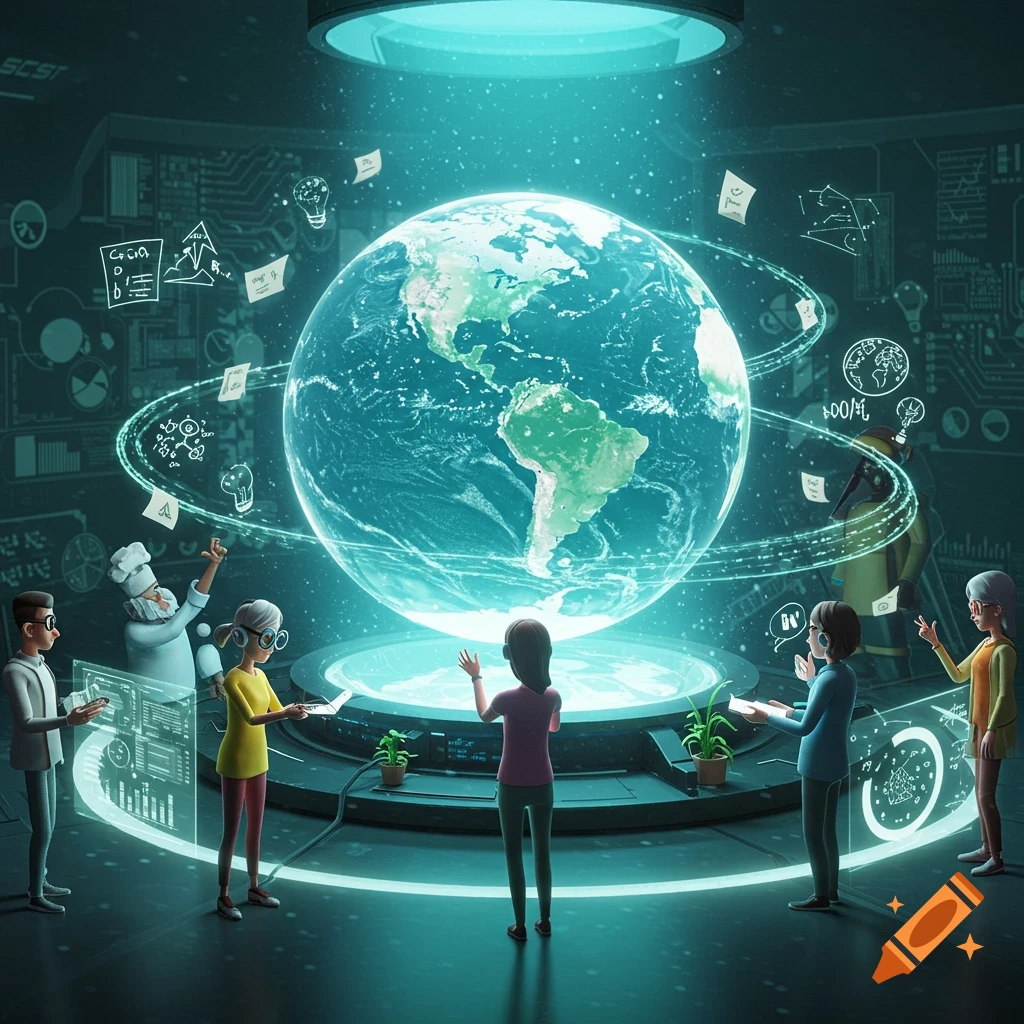 Stylized characters in a futuristic lab observe a glowing holographic Earth surrounded by floating diagrams and data.