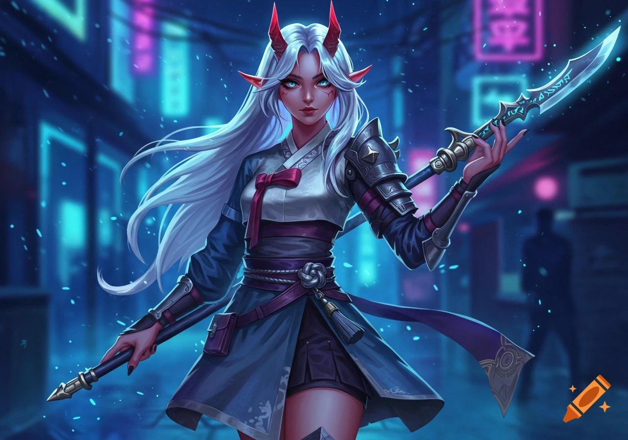 A white-haired demon hunter with horns and armor holds a spear in a neon-lit cyberpunk city. Anime style.