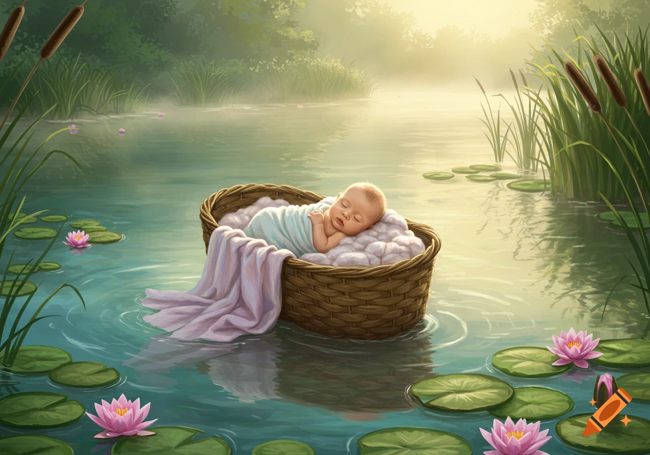 A sleeping baby in a woven basket floats on a tranquil, misty pond surrounded by green lily pads and pink water lilies, in an illustrated style.