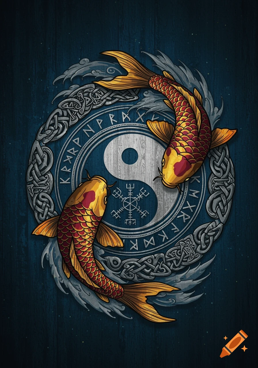 Two vibrant koi fish encircle a Yin Yang symbol, set within intricate Norse runic and Celtic knotwork on a dark blue background.