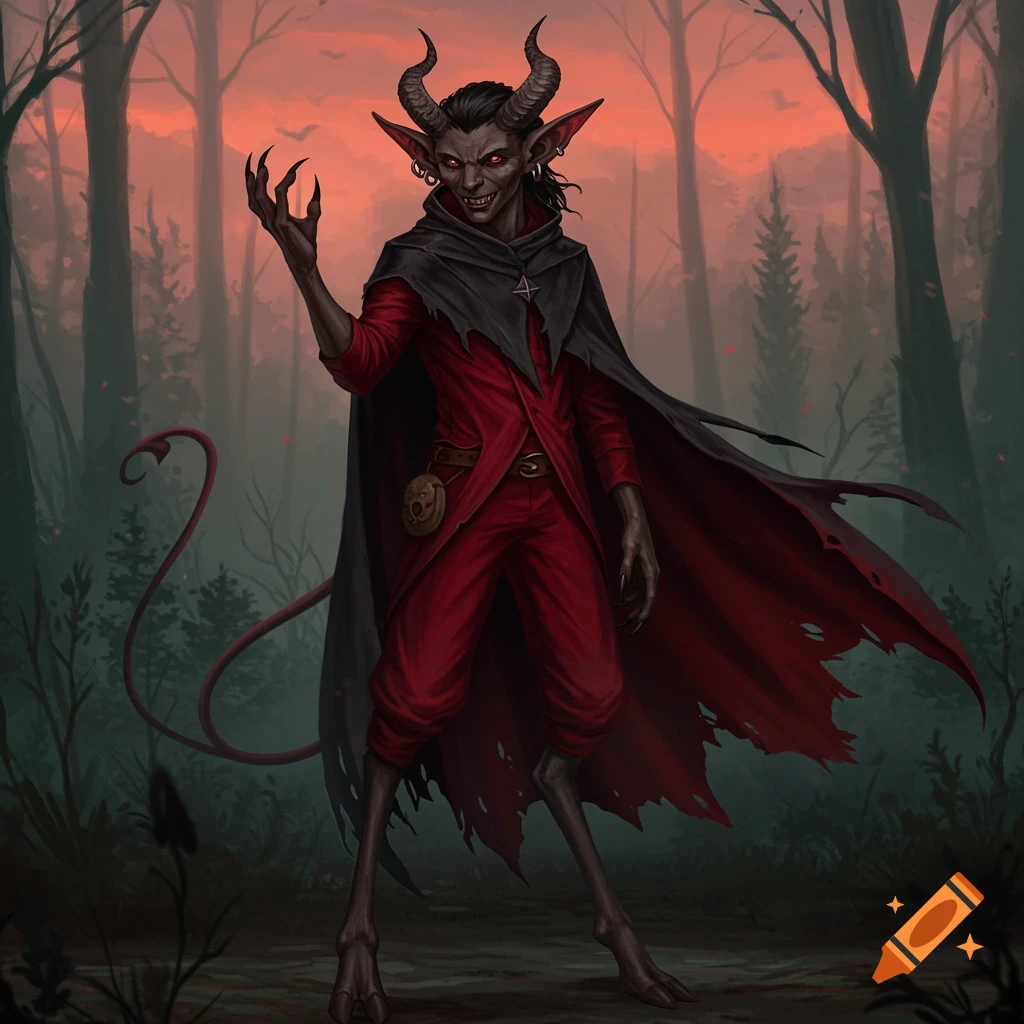 A demonic goblin-like creature with dark skin, horns, and a tail, wearing a red suit and tattered black cloak, stands in a dark forest at sunset with a hole in its left hand.