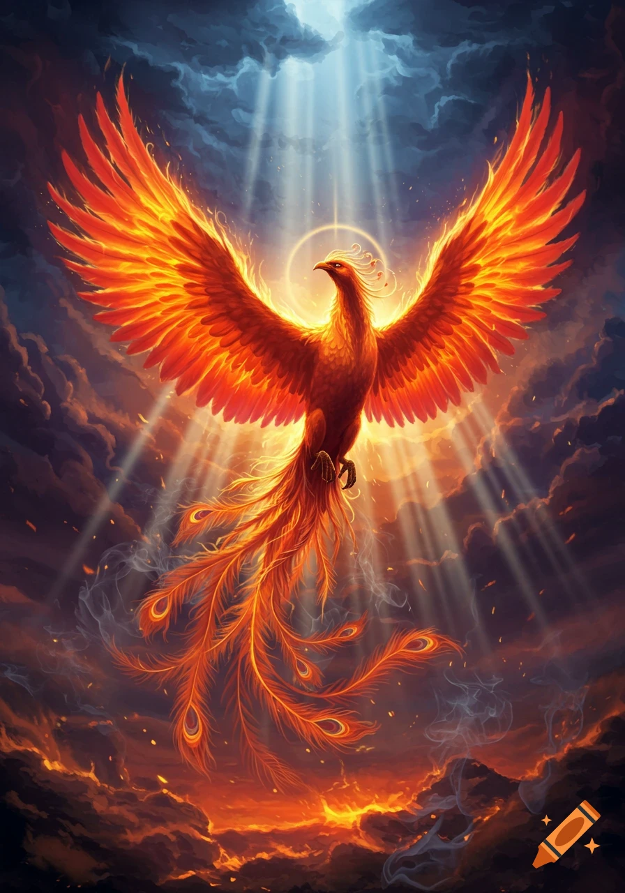 A majestic, fiery phoenix with outstretched wings ascends through dark, stormy clouds, illuminated by glowing light.