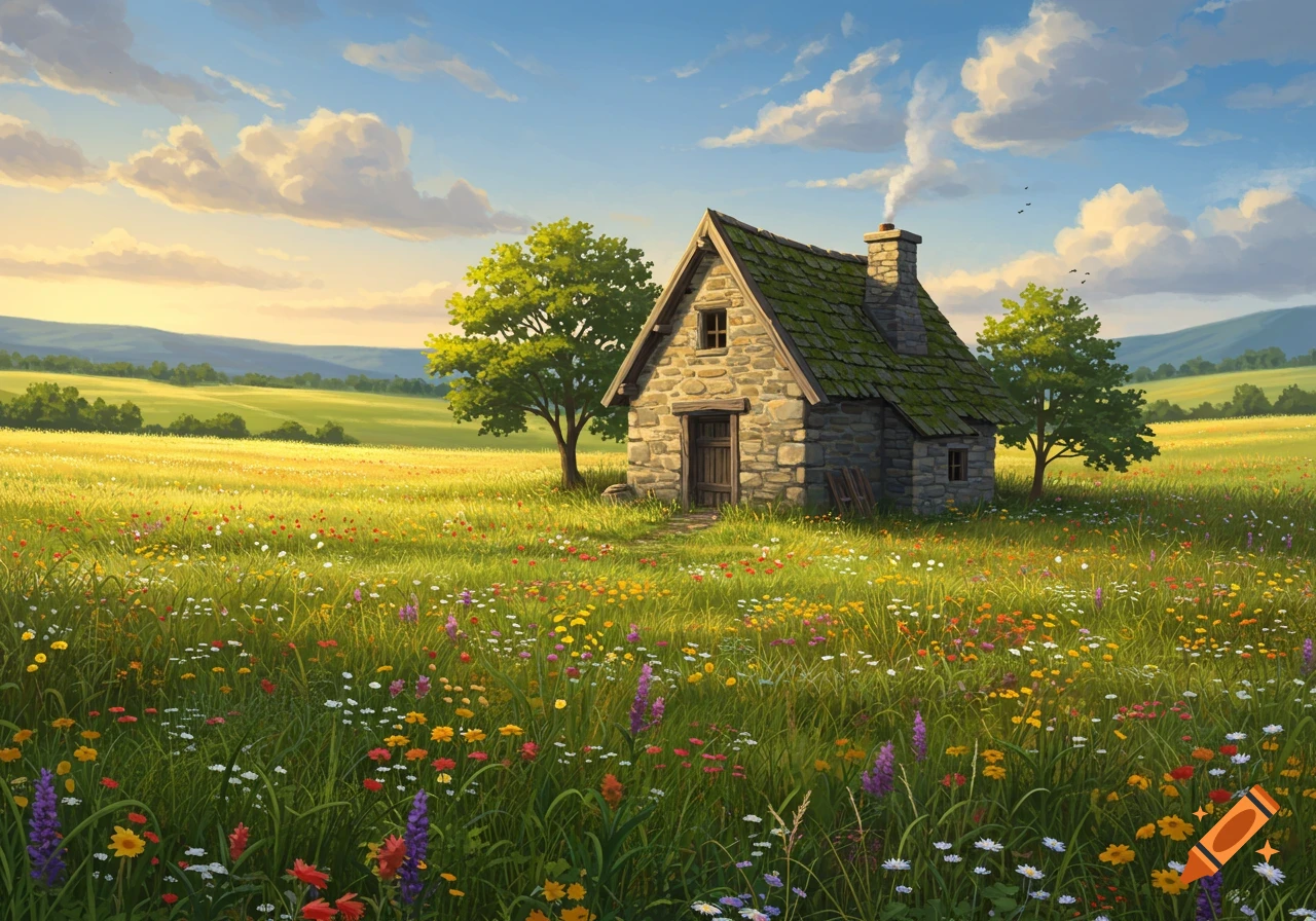 A picturesque stone cottage with a green roof stands in a vibrant field of colorful wildflowers under a blue sky.