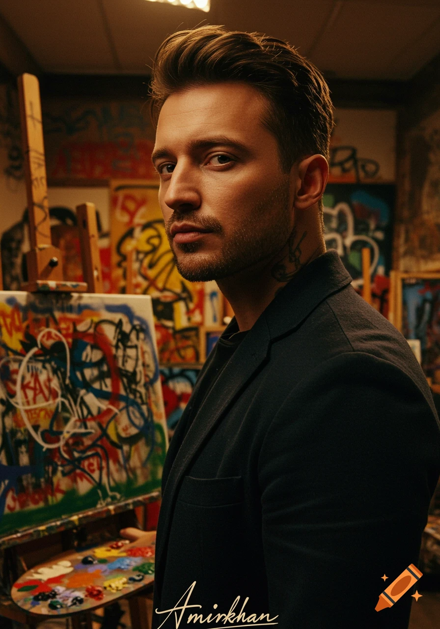 A man with a beard and dark blazer holds an artist's palette, looking directly at the viewer in an art studio with graffiti-style paintings.