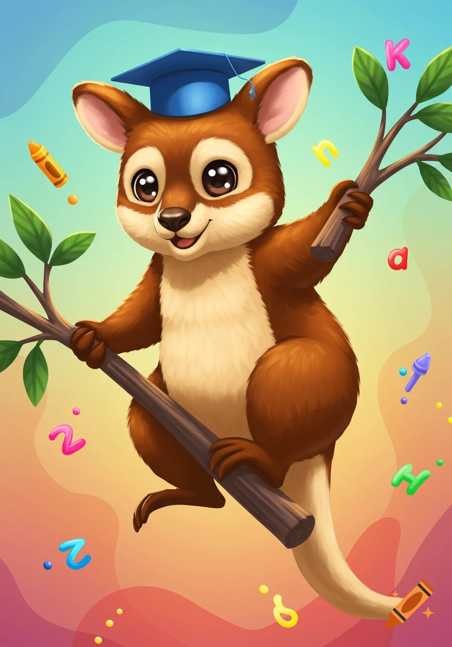 A cute cartoon Lumholtz's tree-kangaroo wearing a blue graduation cap, holding tree branches amidst floating colorful alphabet letters and art supplies.
