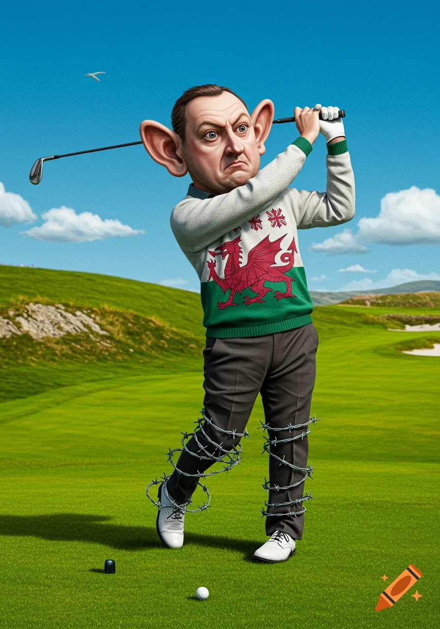 A cartoonish golfer with large ears and barbed wire wrapped around both legs swings a club on a golf course, wearing a Welsh flag sweater.